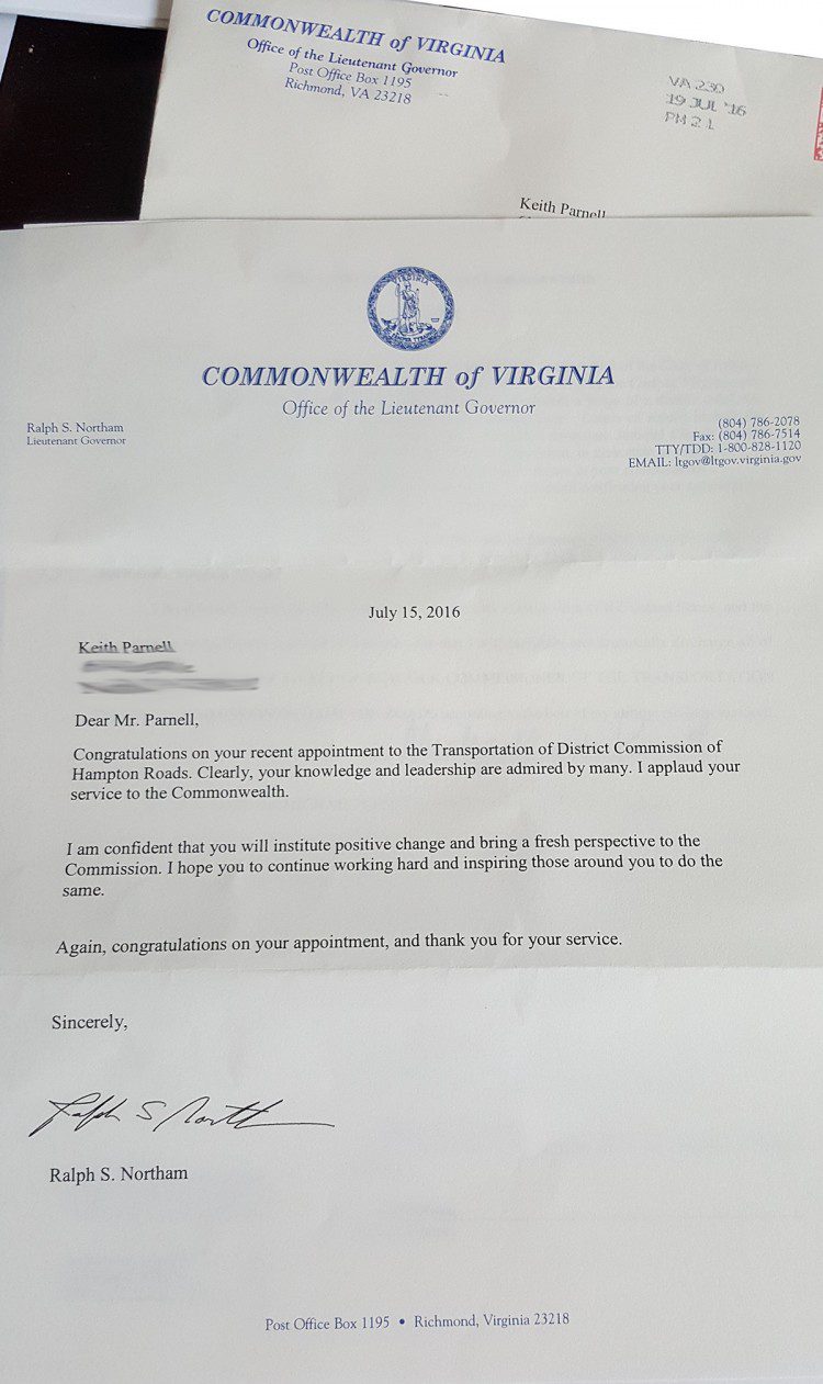 Congratulations from Virginia Lieutenant Governor on TDCHR Appointment
