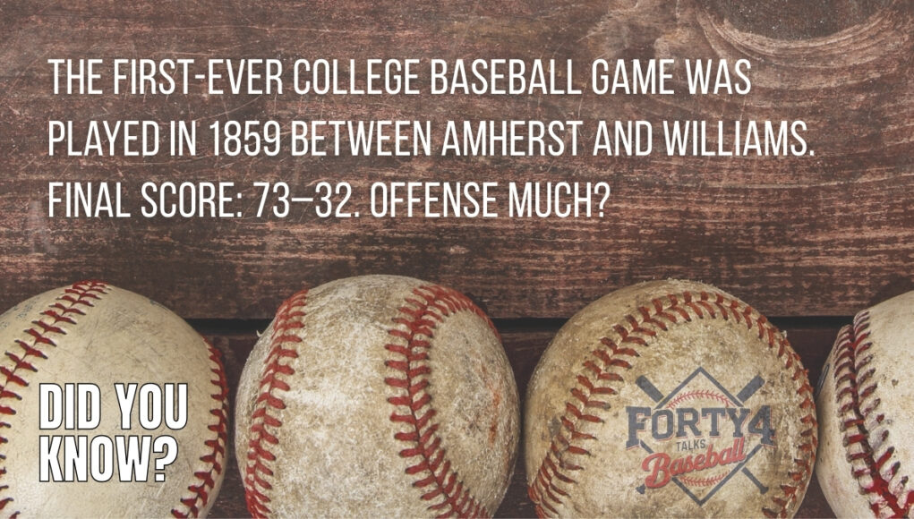 The first-ever college baseball game was played in 1859 between Amherst and Williams.